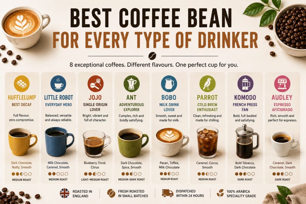 Infographic titled "Best Coffee Bean for Every Type of Drinker" featuring eight different coffee personalities and their ideal coffee match. Each column pairs a Coffee Twins coffee with a specific type of drinker, including decaf lovers, everyday coffee drinkers, single-origin enthusiasts, adventurous coffee explorers, milk drink lovers, cold brew fans, French press drinkers, and espresso aficionados. The design uses colourful icons and coffee cups to illustrate each style, with tasting notes and roast profiles shown beneath. Coffee beans and café elements frame the infographic on a warm, neutral background.