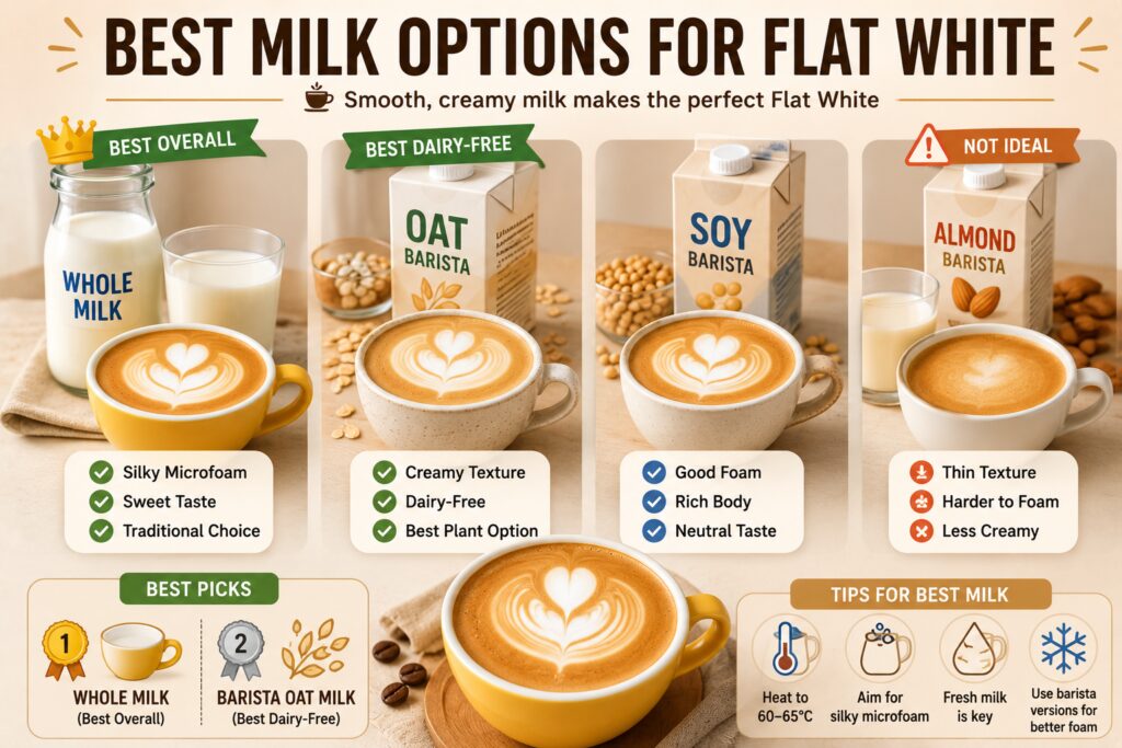 Infographic comparing the best milk options for making a flat white. Four milk choices are displayed side by side: whole milk, barista oat milk, barista soy milk, and almond milk. Each option is paired with a flat white featuring latte art and includes key characteristics such as foam quality, texture, sweetness, and suitability for coffee. Whole milk is highlighted as the best overall choice for silky microfoam and sweetness, while barista oat milk is recommended as the best dairy-free option. The design uses warm café-inspired colours, a clean layout, and simple visual rankings for easy comparison.