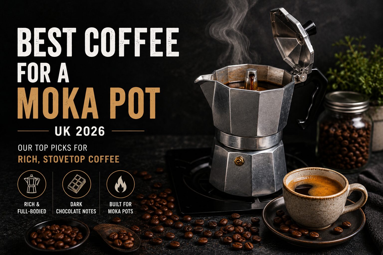 Best coffee for moka pot UK hero image featuring The Coffee Twins Ant speciality coffee blend beside a traditional stovetop moka pot and freshly brewed espresso. Coffee beans surround the scene, highlighting a rich, full-bodied dark chocolate coffee designed for moka pot brewing. Promotional image for choosing the best coffee beans for moka pot coffee in the UK.