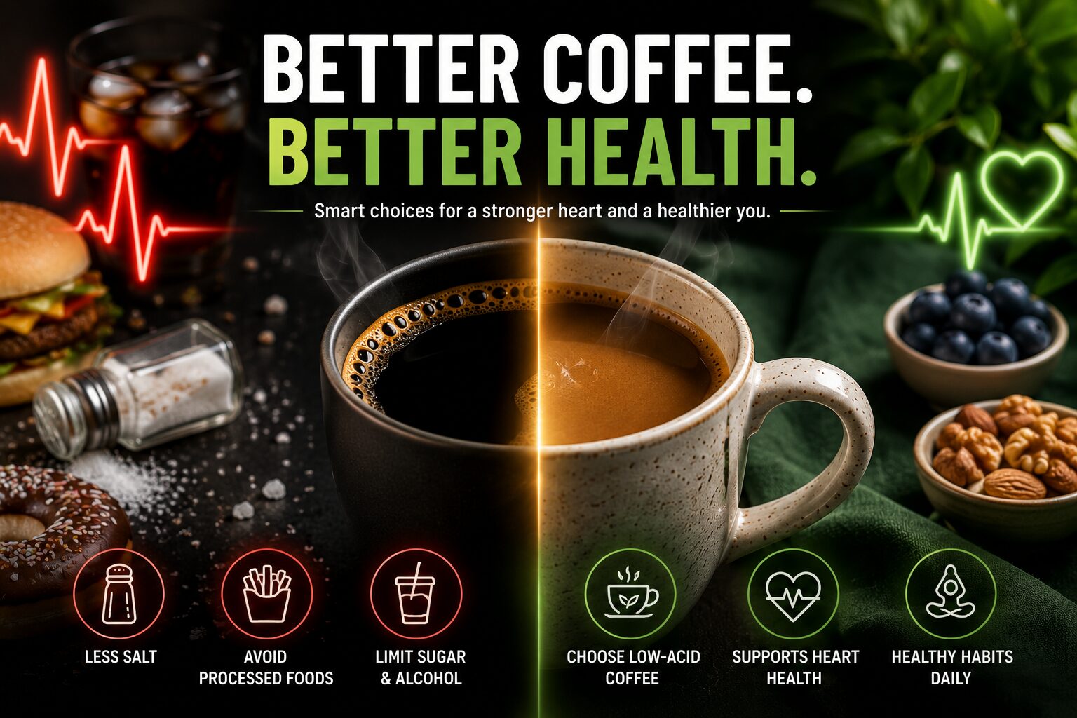 Hook image showing a dramatic split-screen comparison between unhealthy and healthy lifestyle choices surrounding coffee consumption. At the centre is a steaming cup of coffee divided into two contrasting halves. One side features foods and habits linked to higher cardiovascular risk, including fast food, sugary snacks, alcohol, and excess salt, set against a dark background with warning symbols and red heartbeat graphics. The other side shows healthier choices such as nuts, berries, low-acid coffee, and heart-health imagery, highlighted with warm lighting and green accents. The striking visual creates curiosity about whether coffee helps or harms blood pressure and encourages readers to learn more.