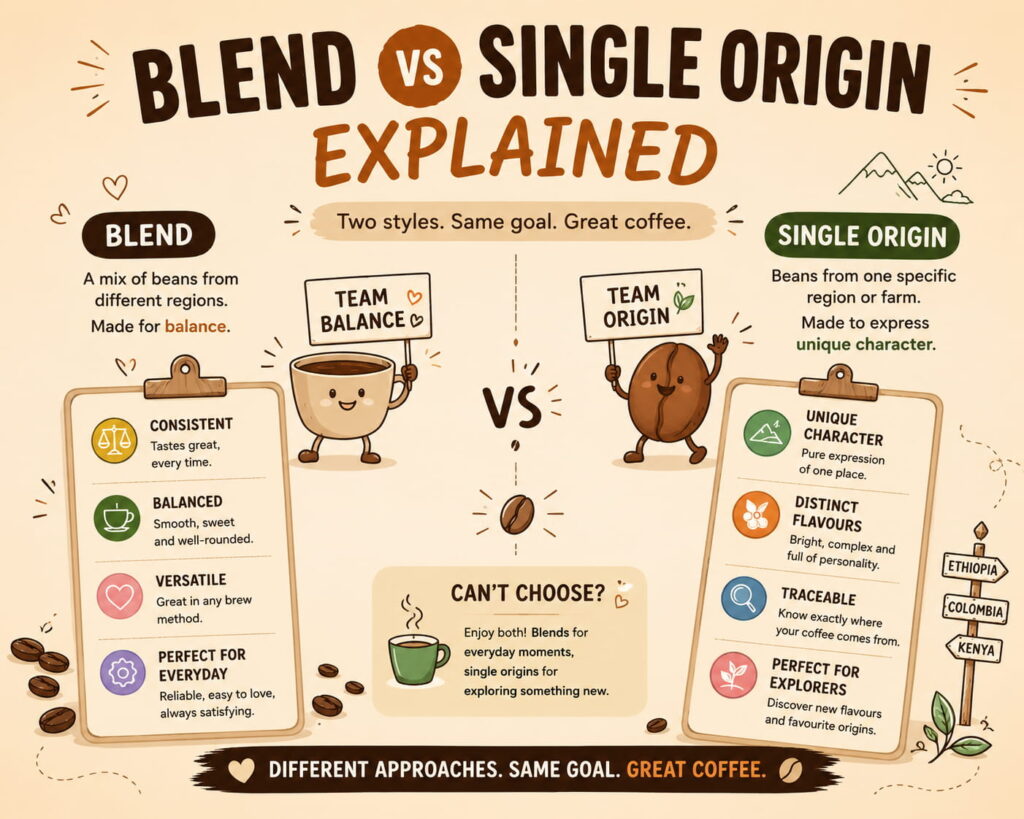 Fun infographic titled “Blend vs Single Origin Explained” comparing two styles of coffee. On one side, a cheerful coffee cup represents blends, highlighting balance, consistency, and versatility. On the other, a smiling coffee bean represents single origin, showcasing unique flavours, traceability, and exploration. In the centre, a message encourages coffee lovers to enjoy both, with the tagline: “Different Approaches. Same Goal. Great Coffee.