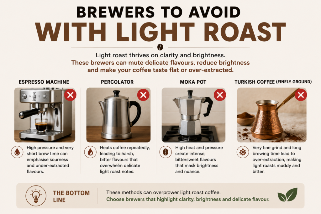 Educational infographic showing brewing methods that are generally less suitable for light roast coffee. Four brewing devices are displayed side by side: an espresso machine, a percolator, a moka pot, and a Turkish coffee pot. Each brewer includes a brief explanation of how its brewing style can emphasise bitterness, reduce clarity, or mask the bright, delicate flavours that make light roast coffee unique. Red warning icons visually distinguish these methods from recommended brewing options. The infographic concludes with a simple takeaway encouraging coffee drinkers to choose brewing methods that preserve the clarity, acidity, and nuanced flavour profile of light roast coffee.