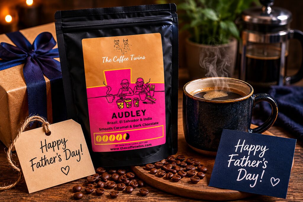 Father's Day coffee gift featuring The Coffee Twins Audley speciality coffee blend. The image shows a bag of Audley coffee with a gift-wrapped present, fresh coffee, Father's Day card, and coffee beans, highlighting a thoughtful coffee gift idea for dads in the UK.