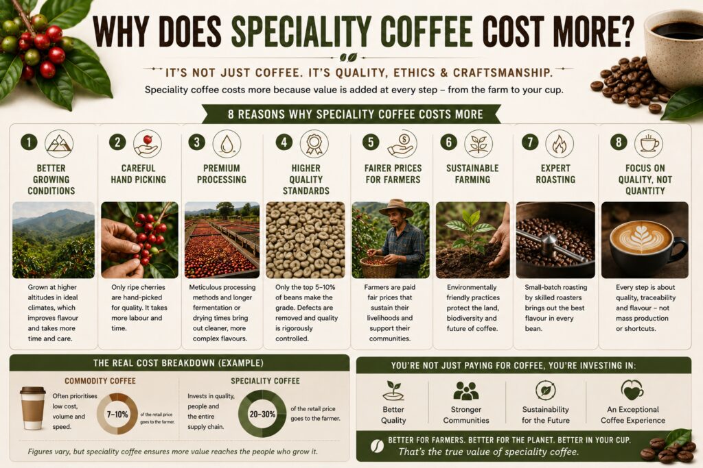 Speciality coffee cost breakdown infographic explaining why speciality coffee costs more than commodity coffee. Educational visual comparing hand-picked harvesting, quality grading, traceable sourcing, small-batch roasting, farmer premiums, and freshness against mass-produced coffee. Includes cost-per-cup comparison showing speciality coffee at home costs only a few pence more per cup while delivering higher quality, better flavour, and fairer pay for coffee farmers.
