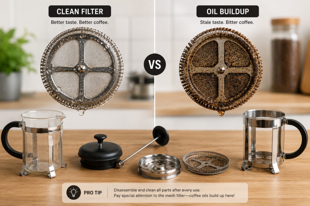 Educational split-screen infographic comparing a clean and dirty cafetière (French press) filter. On the left, a spotless stainless-steel mesh filter is shown with water droplets and a bright metallic finish, representing a properly cleaned plunger. On the right, an identical filter is coated with brown coffee oils and trapped coffee particles, illustrating residue buildup that causes stale and bitter flavours. Below, the cafetière is disassembled into its individual components, including the glass beaker, lid, plunger rod, filter plates, and mesh screen, laid out on a wooden countertop. The image highlights the often-overlooked importance of cleaning the French press filter mesh where coffee oils accumulate over time.