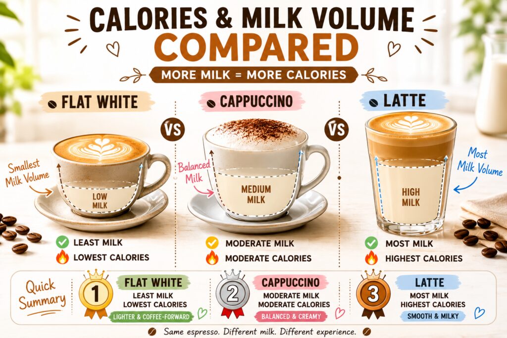 Infographic comparing the milk volume and calorie content of a flat white, cappuccino, and latte. The three drinks are displayed side by side in a bright café-style setting, with transparent milk-level illustrations showing how milk volume increases from flat white to cappuccino to latte. The flat white is shown as the smallest and most coffee-forward drink with the least milk and lowest calories, the cappuccino as a balanced middle option, and the latte as the largest and creamiest drink with the most milk and highest calories. A simple ranking at the bottom reinforces the progression from least to most milk and calories, using clear visual cues and an easy-to-understand layout.