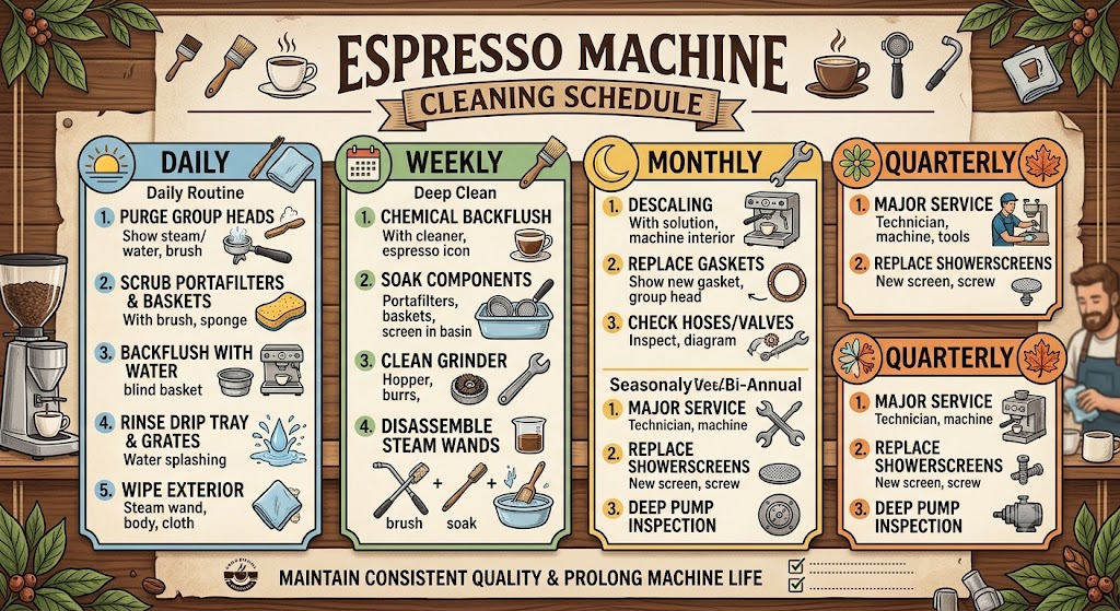 An espresso machine cleaning schedule chart detailing daily, weekly, monthly, and quarterly maintenance tasks to ensure coffee quality and prolong equipment life.