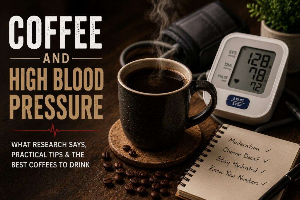 Featured image showing a steaming cup of black coffee beside a digital blood pressure monitor on a wooden table. The scene illustrates the relationship between coffee consumption and high blood pressure, with additional elements such as a notebook containing moderation tips, scattered coffee beans, and a home blood pressure cuff. The image represents practical guidance for people with hypertension who want to continue enjoying coffee safely and in moderation.