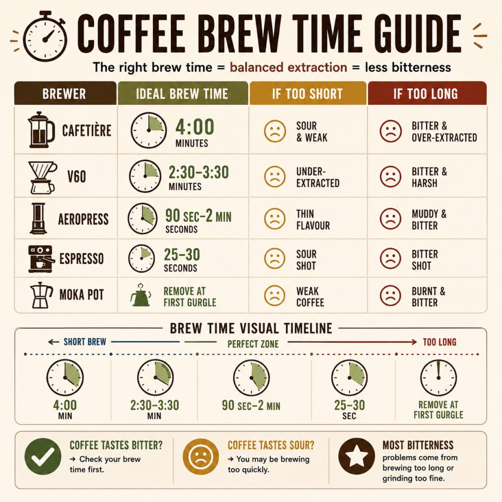 Infographic showing ideal brew times for different coffee brewing methods to help prevent bitter coffee. The chart compares cafetière, V60, AeroPress, espresso, and moka pot brewing times, highlighting how brewing too short can lead to sour or weak coffee while brewing too long causes bitterness and over-extraction. The guide includes recommended brew times, a visual extraction timeline, and practical tips for achieving balanced coffee flavour at home.