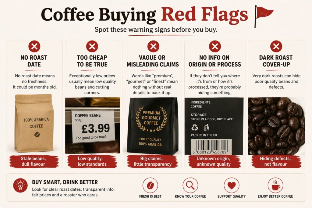 Infographic titled “Coffee Buying Red Flags” with five vertical panels highlighting warning signs to avoid when buying coffee. The first panel warns against coffee with no roast date, showing a plain coffee bag and explaining that beans may be stale and lack freshness. The second panel warns about coffee that is “too cheap to be true,” featuring a low-priced £3.99 sign and noting that extremely low prices often indicate poor-quality beans. The third panel highlights vague marketing claims such as “premium” or “gourmet” without supporting details, shown on a black coffee bag with gold lettering. The fourth panel warns about coffee with no information on origin or processing, featuring a generic label with minimal details. The fifth panel cautions against very dark roasts used to mask defects, illustrated with a pile of dark, oily coffee beans. A footer reads, “Buy Smart, Drink Better,” encouraging shoppers to look for clear roast dates, transparency, fair prices, and quality-focused roasters.