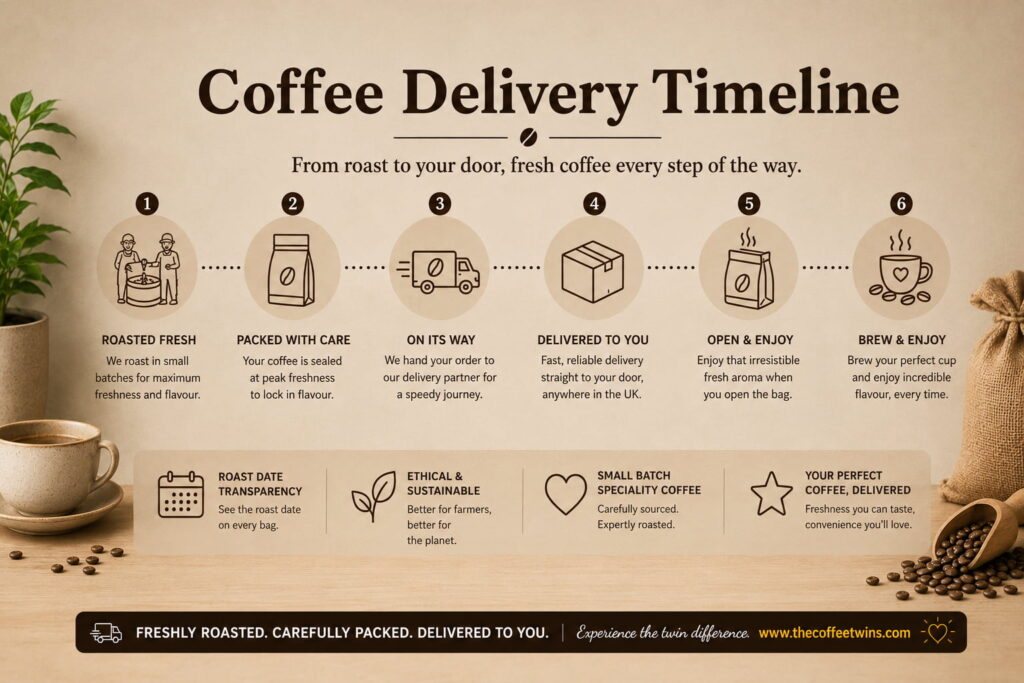 A warm, coffee-themed infographic titled “Coffee Delivery Timeline” explains the journey of speciality coffee from roasting to brewing. Six illustrated steps run across the centre of the design: freshly roasting the beans, packing them at peak freshness, shipping the order, delivering it to the customer’s door, opening the bag to enjoy the aroma, and finally brewing and enjoying the coffee. Supporting icons highlight key benefits including roast-date transparency, ethical and sustainable sourcing, small-batch speciality coffee, and convenient home delivery. Decorative coffee beans, a cup of coffee, a potted plant, and a burlap sack create a cosy, artisanal feel, while a footer banner reads: “Freshly Roasted. Carefully Packed. Delivered to You.” and includes www.thecoffeetwins.com