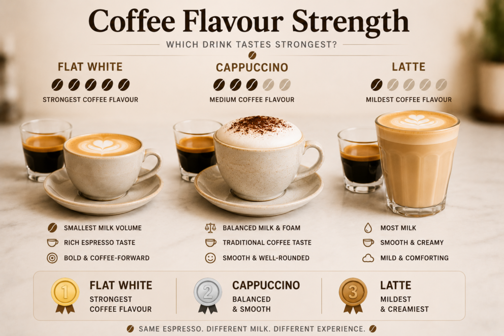 Infographic comparing the coffee flavour strength of a flat white, cappuccino, and latte. The three drinks are displayed side by side in a bright café setting, each paired with a visual coffee-strength scale. The flat white is shown as the strongest and most coffee-forward option with the least milk, the cappuccino as a balanced middle ground with equal emphasis on coffee, milk, and foam, and the latte as the mildest and creamiest drink with the highest milk content. A ranking section at the bottom highlights flat white first, cappuccino second, and latte third for coffee flavour intensity.