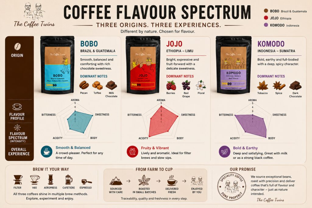 Infographic comparing the flavour profiles of The Coffee Twins Bobo, Jojo, and Komodo speciality coffees. The graphic highlights each coffee’s origin, tasting notes, and flavour characteristics, showing Bobo with pecan, toffee, and milk chocolate notes, Jojo with fruity, winy, and floral flavours, and Komodo with bold tobacco, spice, and dark chocolate notes. Visual flavour charts illustrate differences in sweetness, acidity, body, aroma, and bitterness across the three coffees.