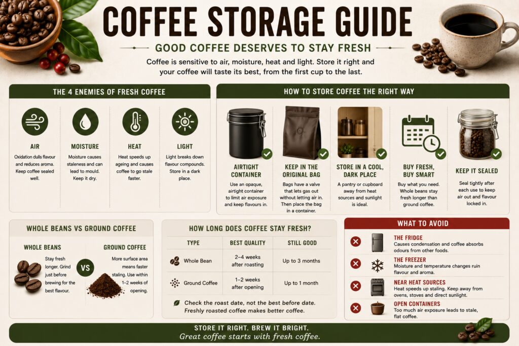 Coffee storage guide infographic explaining how to keep speciality coffee fresh for longer. Educational visual covering the four enemies of coffee freshness—air, light, heat, and moisture—alongside best practices for storing whole bean and ground coffee. Includes tips on using airtight containers, keeping coffee in a cool dark cupboard, avoiding the fridge, and understanding how long freshly roasted coffee stays at its peak flavour. Ideal for speciality coffee drinkers looking to preserve freshness and aroma.