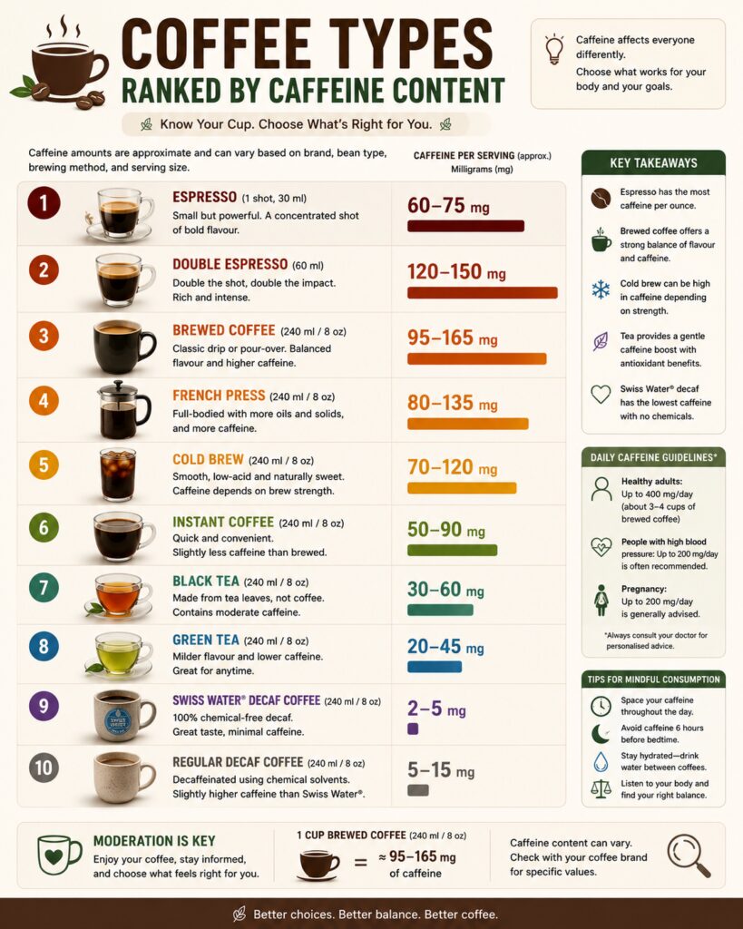 Infographic ranking different coffee types by caffeine content, from highest to lowest caffeine levels. The graphic compares espresso, brewed coffee, French press, cold brew, instant coffee, tea, Swiss Water decaf, and regular decaf, showing the approximate amount of caffeine in each serving. It highlights how brewing method, serving size, and bean type influence caffeine levels, while helping readers choose the most suitable coffee option based on their caffeine sensitivity, health goals, and daily intake limits.
