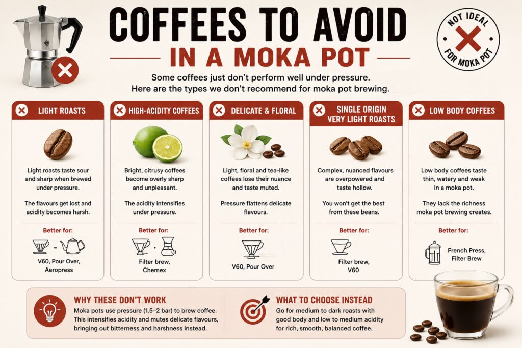 Coffees to avoid in a moka pot infographic explaining which coffee styles perform poorly in stovetop espresso makers. Educational guide highlighting light roasts, high-acidity coffees, delicate floral coffees, very light single-origin coffees, and low-body coffees that can taste sour, harsh, or weak under moka pot pressure. Includes recommendations for alternative brewing methods such as V60, pour-over, Chemex, AeroPress, and French press, plus tips on choosing medium-to-dark roasted coffees with high body and low acidity for the best moka pot results.