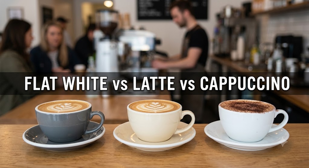 Photorealistic flat white, latte, and cappuccino arranged side-by-side on a café table. Clear visual difference in cup size and foam thickness. Warm speciality coffee shop atmosphere. Premium coffee aesthetic. Minimal text: "Latte vs Cappuccino vs Flat White