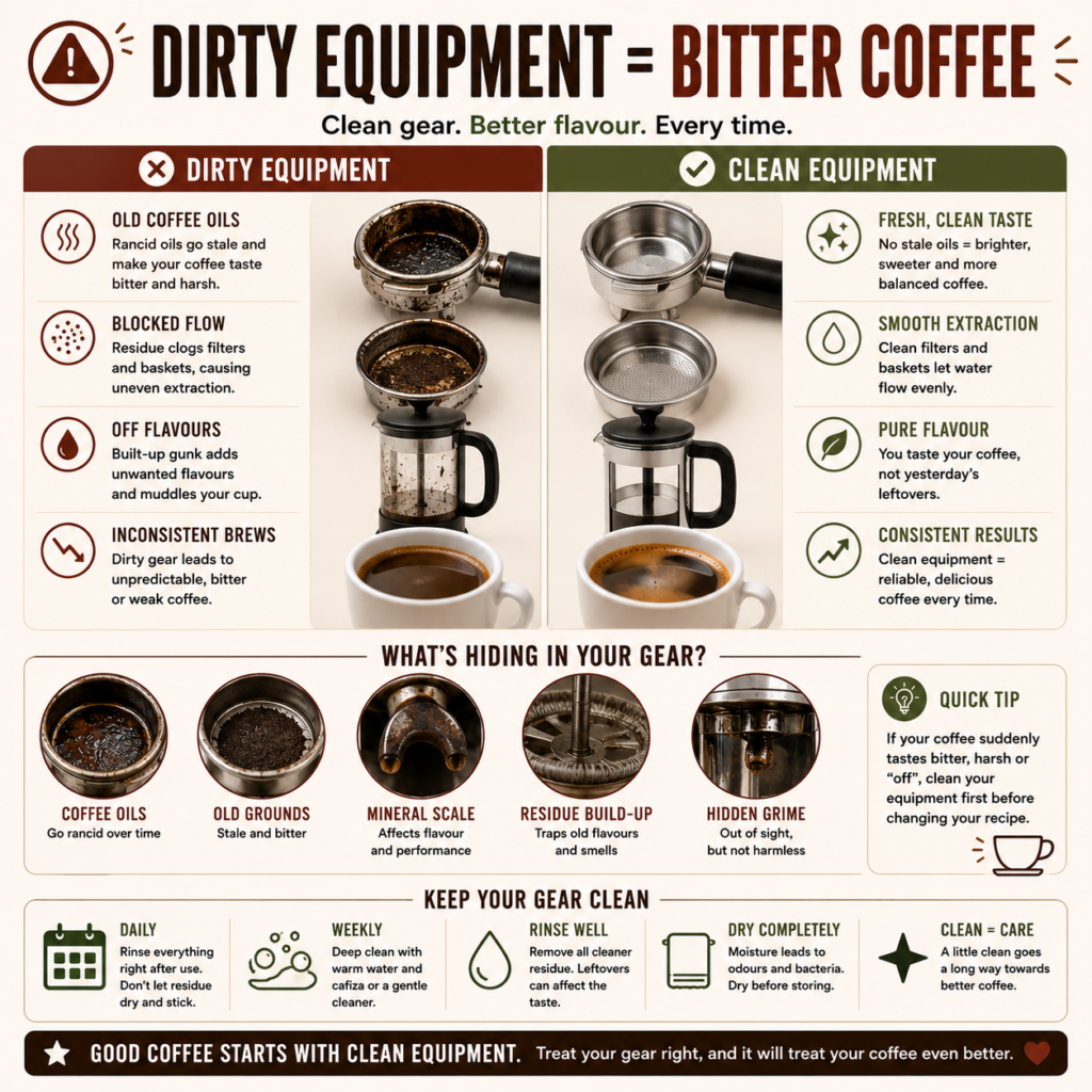 Infographic explaining how dirty coffee equipment can cause bitter coffee. The graphic compares dirty and clean brewing equipment, showing how old coffee oils, stale grounds, mineral buildup, and residue can create harsh, bitter flavours and inconsistent extraction. It highlights common problem areas in cafetières, espresso machines, grinders, and coffee filters, while providing cleaning tips to help maintain fresh flavour and improve coffee quality.