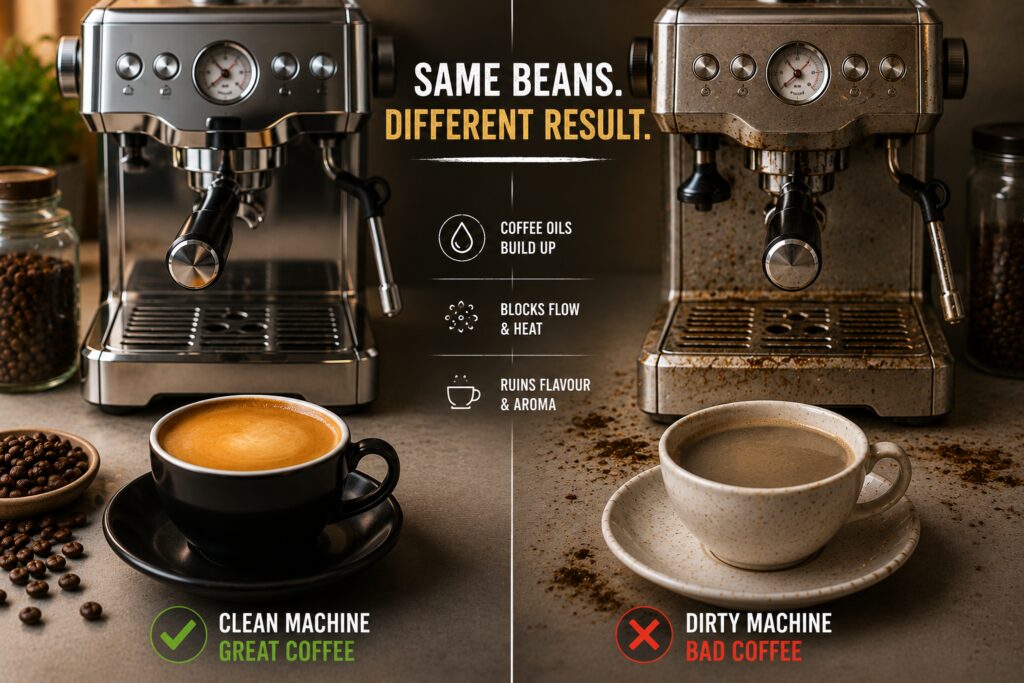 Side-by-side comparison showing how coffee machine cleanliness affects coffee quality. On the left, a spotless stainless-steel espresso machine sits on a clean countertop beside freshly roasted coffee beans and a rich, golden espresso with thick crema. On the right, the same machine appears neglected, with coffee residue and stains concentrated around the drip tray, group head, and lower brewing area, while the upper body looks dull and unpolished rather than mouldy. In front of it sits a flat, lifeless cup of coffee with little crema. The image visually demonstrates how coffee oils, residue buildup, and poor maintenance can lead to worse-tasting coffee, even when using the same beans.