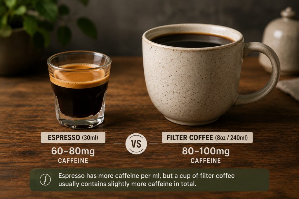 Side-by-side comparison of a single espresso shot and a mug of filter coffee on a wooden table. The image highlights typical caffeine content, showing espresso at 60–80mg per 30ml serving and filter coffee at 80–100mg per 8oz (240ml) cup, illustrating that filter coffee often contains slightly more caffeine overall despite espresso being more concentrated.