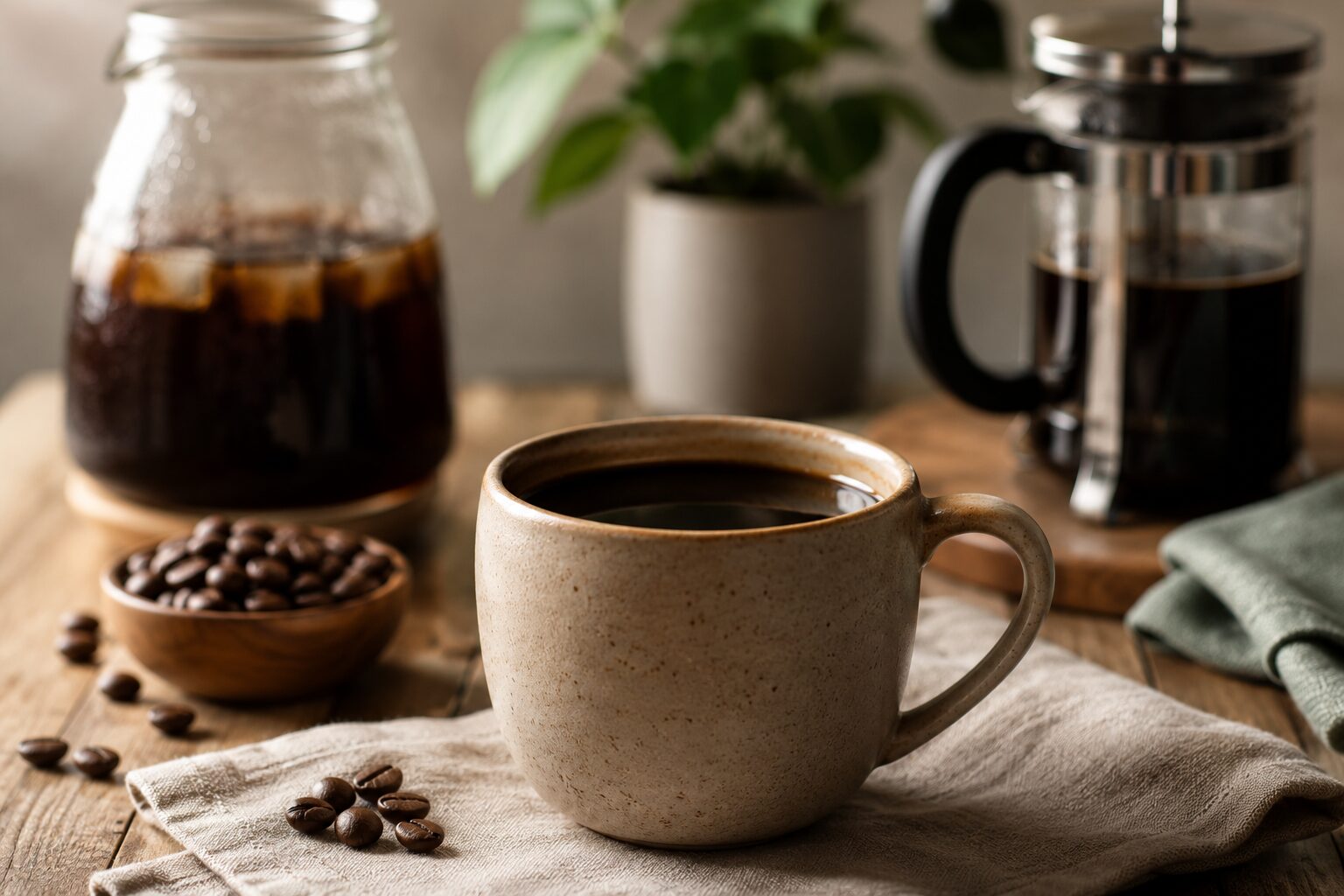 Featured image showing a steaming cup of black coffee on a rustic wooden table beside coffee beans and a glass coffee brewer, with a subtle illustration of a healthy stomach in the background, representing low-acid coffee and stomach-friendly brewing methods for sensitive coffee drinkers.