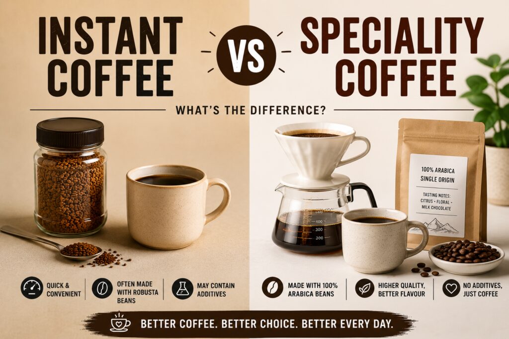 Featured image comparing instant coffee and speciality coffee side by side. The left side shows a jar of instant coffee granules and a mug of black coffee, representing convenience and everyday coffee drinking. The right side shows freshly brewed speciality coffee made with a pour-over dripper, whole coffee beans, and freshly roasted Arabica coffee, highlighting quality, freshness, and flavour. The image illustrates the key differences between instant coffee and speciality coffee in terms of ingredients, brewing method, and overall coffee experience.