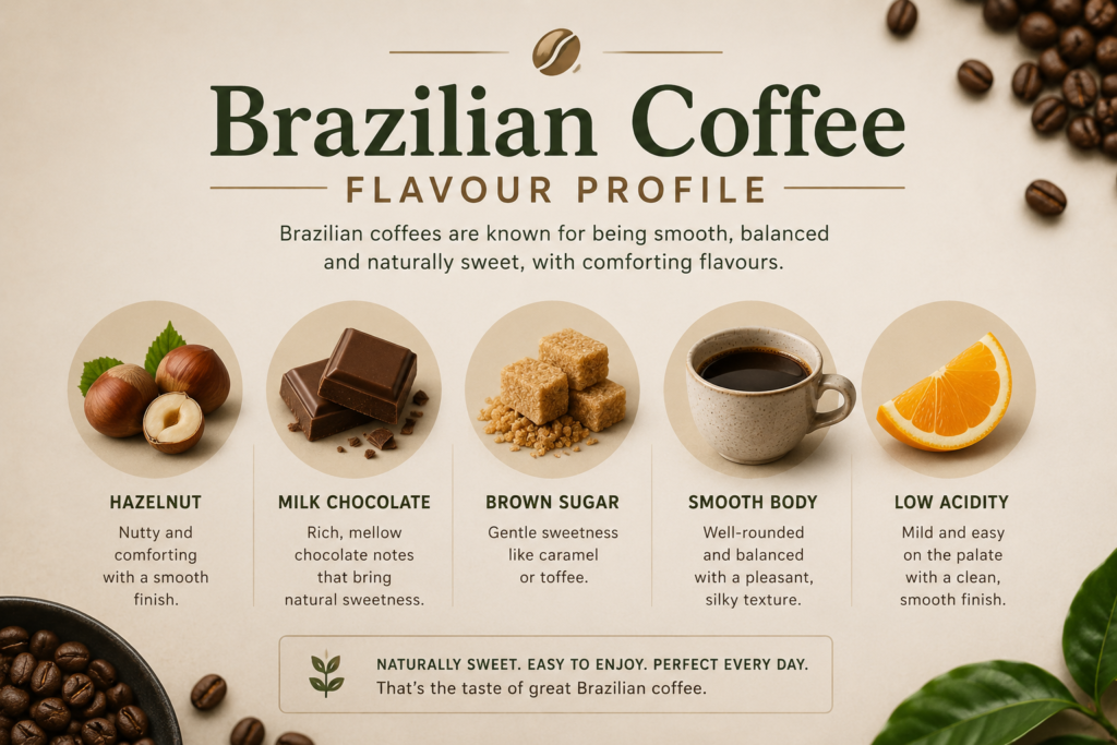 Infographic illustrating the flavour profile of Brazilian coffee, featuring common tasting notes such as hazelnut, milk chocolate, brown sugar, smooth body, and low acidity. The graphic explains the sweet, nutty, and chocolatey characteristics that make Brazilian speciality coffee popular in the UK.