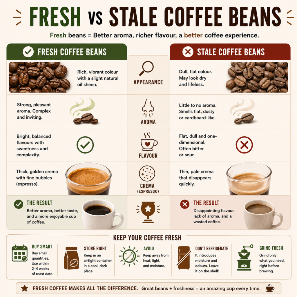 Infographic comparing fresh coffee beans and stale coffee beans. The graphic highlights differences in appearance, aroma, flavour, and brewing quality, showing that fresh beans produce sweeter, more complex coffee with stronger aromas, while stale beans often taste flat, woody, bitter, or cardboard-like. It also includes practical coffee storage tips such as buying freshly roasted beans, storing them in an airtight container away from light, and grinding just before brewing to maintain freshness and flavour.