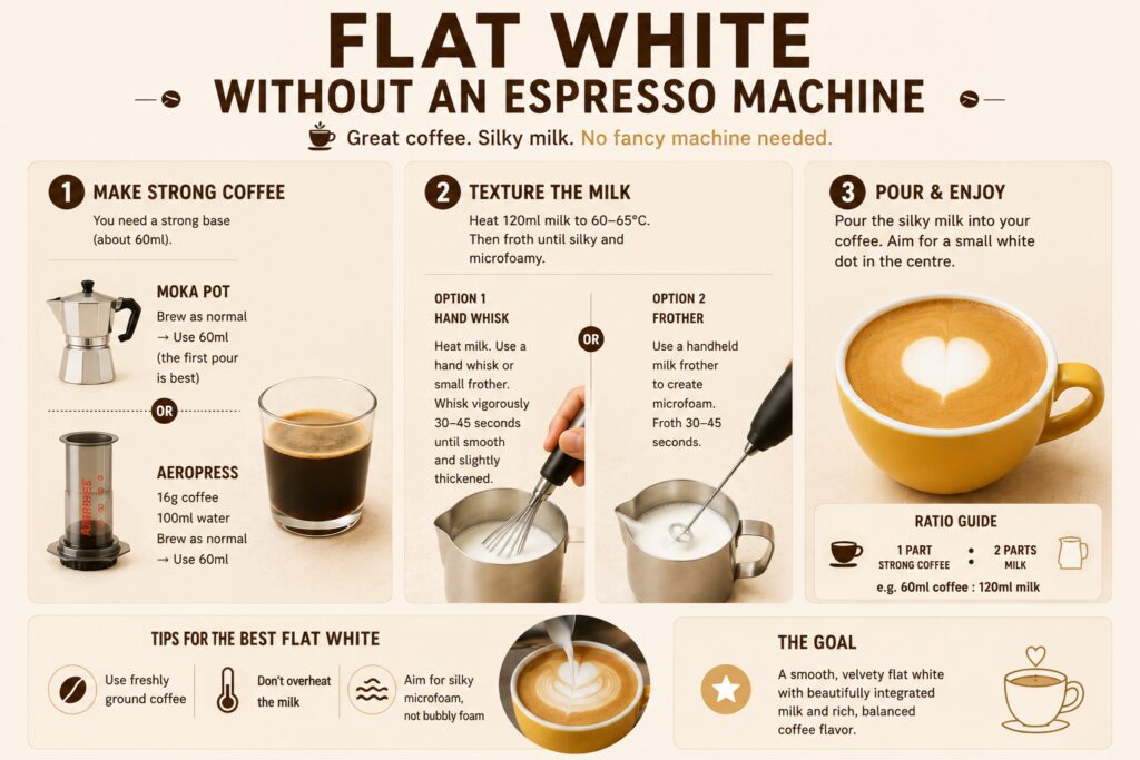 Infographic showing how to make a flat white without an espresso machine using either a moka pot or an AeroPress. The guide is divided into three steps: brewing strong coffee with a moka pot or AeroPress, texturing milk using a whisk or handheld frother, and pouring the milk into the coffee to create a smooth flat white. Illustrations include a moka pot, AeroPress, milk frothing tools, and a finished flat white with heart-shaped latte art. A simple 1:2 coffee-to-milk ratio guide and practical tips for achieving silky microfoam are displayed in a clean, warm coffee-themed design.