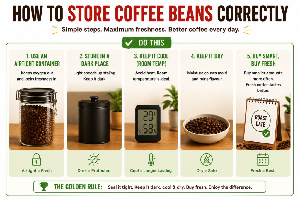 Infographic titled “How to Store Coffee Beans Correctly” showing five simple steps for keeping coffee fresh. The graphic recommends using an airtight container, storing beans in a dark place, keeping them at room temperature away from heat, protecting them from moisture, and buying fresh coffee in smaller quantities. Each step includes a supporting image and icon, with a summary banner at the bottom stating: “Seal it tight. Keep it dark, cool and dry. Buy fresh.” The design uses a bright, clean layout with green accents and easy-to-follow visual guidance.