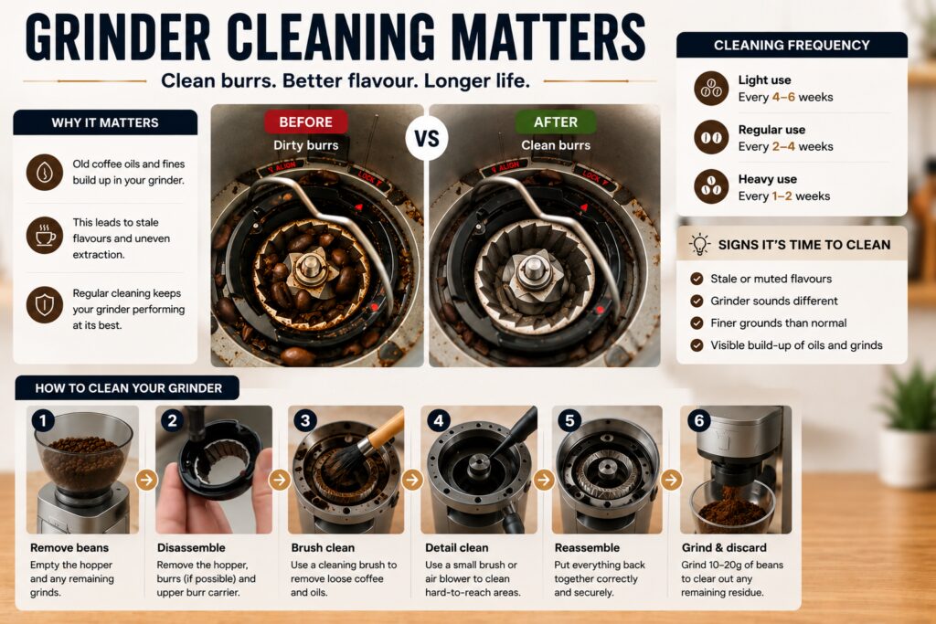 Educational infographic showing the importance of cleaning a coffee grinder for better flavour and performance. The centre of the image features a side-by-side comparison of a Sage-style grinder burr set: one side filled with coffee oils, grounds, and residue, and the other freshly cleaned with sharp, visible burr teeth. Surrounding sections explain why grinder cleaning matters, including the impact of old coffee oils on flavour and extraction. A step-by-step cleaning guide along the bottom demonstrates removing beans, taking out the upper burr carrier, brushing away coffee residue, cleaning hard-to-reach areas, reassembling the grinder, and purging with a small amount of coffee. The layout uses realistic coffee equipment photography and highlights how regular grinder maintenance improves consistency, flavour, and grinder performance.