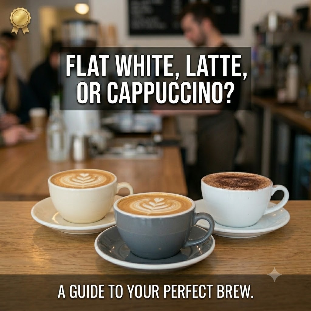 Photorealistic flat white, latte, and cappuccino arranged side-by-side on a café table. Clear visual difference in cup size and foam thickness. Warm speciality coffee shop atmosphere. Premium coffee aesthetic. Minimal text: "Latte vs Cappuccino vs Flat White
