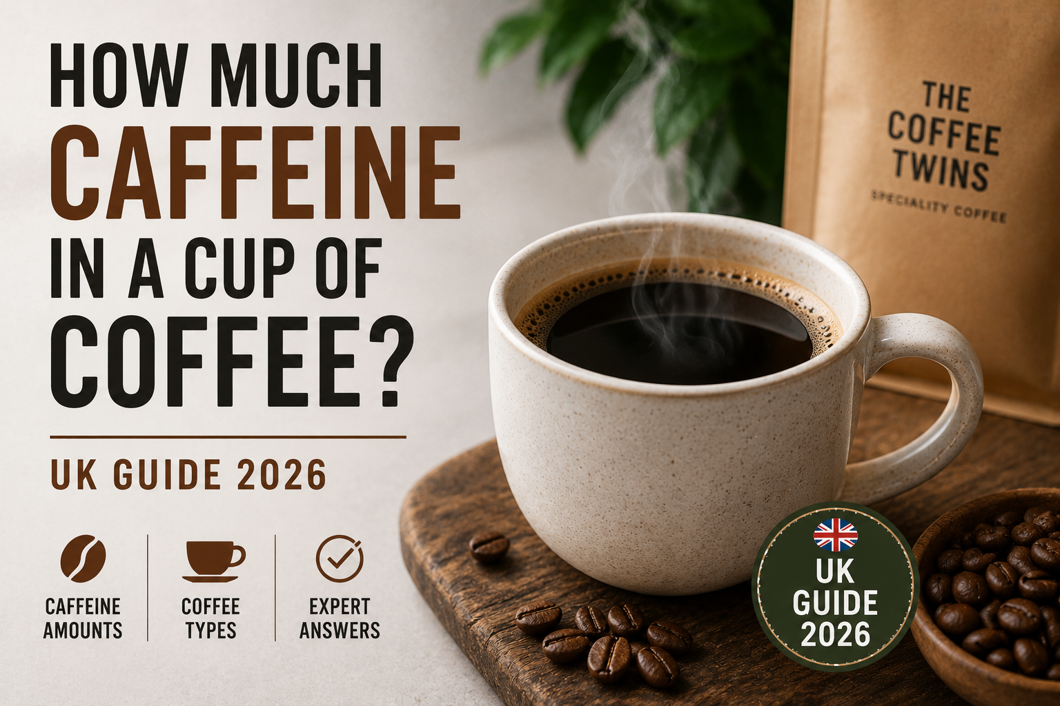 Featured image for a coffee guide titled “How Much Caffeine in a Cup of Coffee? UK Guide 2026”. A steaming mug of black coffee sits on a wooden board beside roasted coffee beans, with bold text highlighting caffeine amounts, coffee types, and expert answers. A Coffee Twins coffee bag appears in the background, alongside a UK Guide 2026 badge, creating a warm speciality coffee theme.