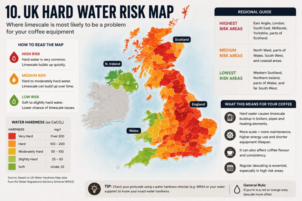 Infographic map of the United Kingdom showing regional hard water risk levels for coffee equipment and limescale buildup. England is predominantly highlighted in orange and red to indicate higher hard-water areas, particularly across London, the South East, East Anglia, and parts of the Midlands. Wales, Northern Ireland, and parts of Scotland are shown mainly in green, indicating softer water and lower limescale risk. Side panels explain water hardness categories ranging from soft to very hard water, outline regions with the highest and lowest limescale risk, and describe how hard water affects coffee machines by causing scale buildup, reducing efficiency, and impacting coffee flavour. The graphic serves as a visual guide to help UK coffee drinkers understand where more frequent descaling may be necessary.