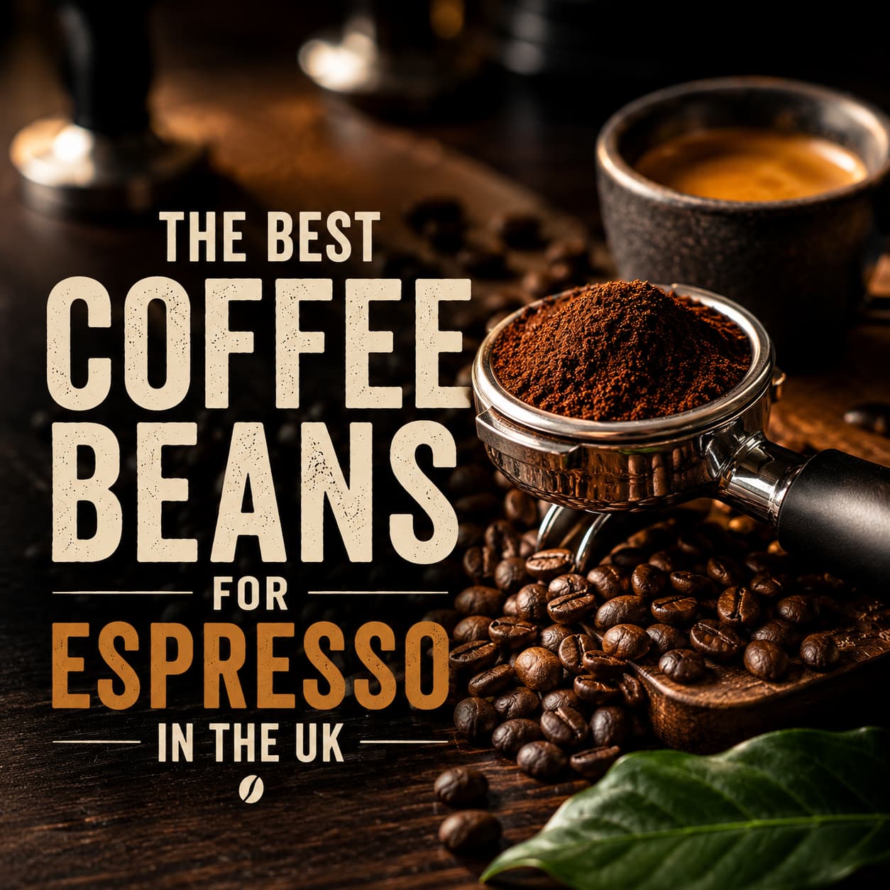 Cinematic hero image for a guide to the best coffee beans for espresso in the UK. A portafilter filled with freshly roasted whole coffee beans sits prominently on a rustic wooden table, surrounded by scattered Arabica beans, a tamper, and a cup of espresso with rich golden crema. Warm natural light streams across the scene, creating a premium speciality coffee atmosphere with soft shadows and earthy tones. Bold headline text reads "The Best Coffee Beans for Espresso in the UK", making the image a striking introduction to an expert espresso buying guide.