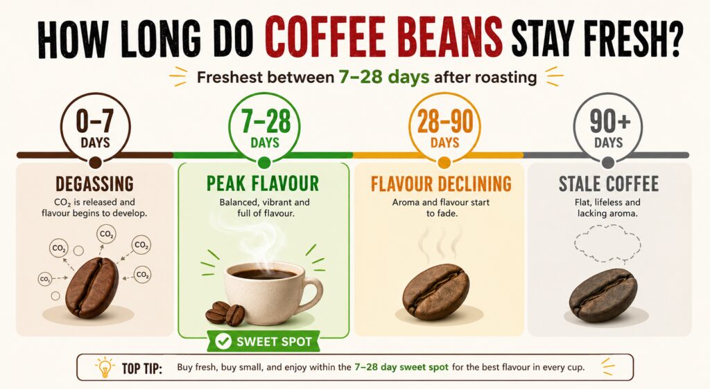 Infographic timeline showing how coffee bean freshness changes after roasting. Four stages are displayed: 0–7 days for degassing with CO₂ release, 7–28 days highlighted as the peak flavour sweet spot with a steaming cup of coffee, 28–90 days showing flavour decline as aroma fades, and 90+ days marked as stale coffee with little to no aroma. A banner at the top states that coffee is freshest between 7 and 28 days after roasting, and a tip at the bottom recommends buying fresh coffee and enjoying it within the sweet spot for the best flavour.