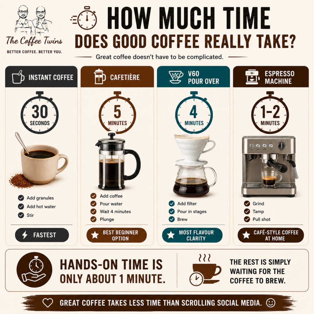 Infographic comparing the time and effort required for different coffee brewing methods, including instant coffee, cafetière, V60 pour-over, and espresso machine. The graphic shows instant coffee taking 30 seconds, espresso 1–2 minutes, V60 4 minutes, and cafetière 5 minutes, with step-by-step preparation highlights. It emphasises that great coffee takes only a few minutes to brew and that the actual hands-on time is around one minute.