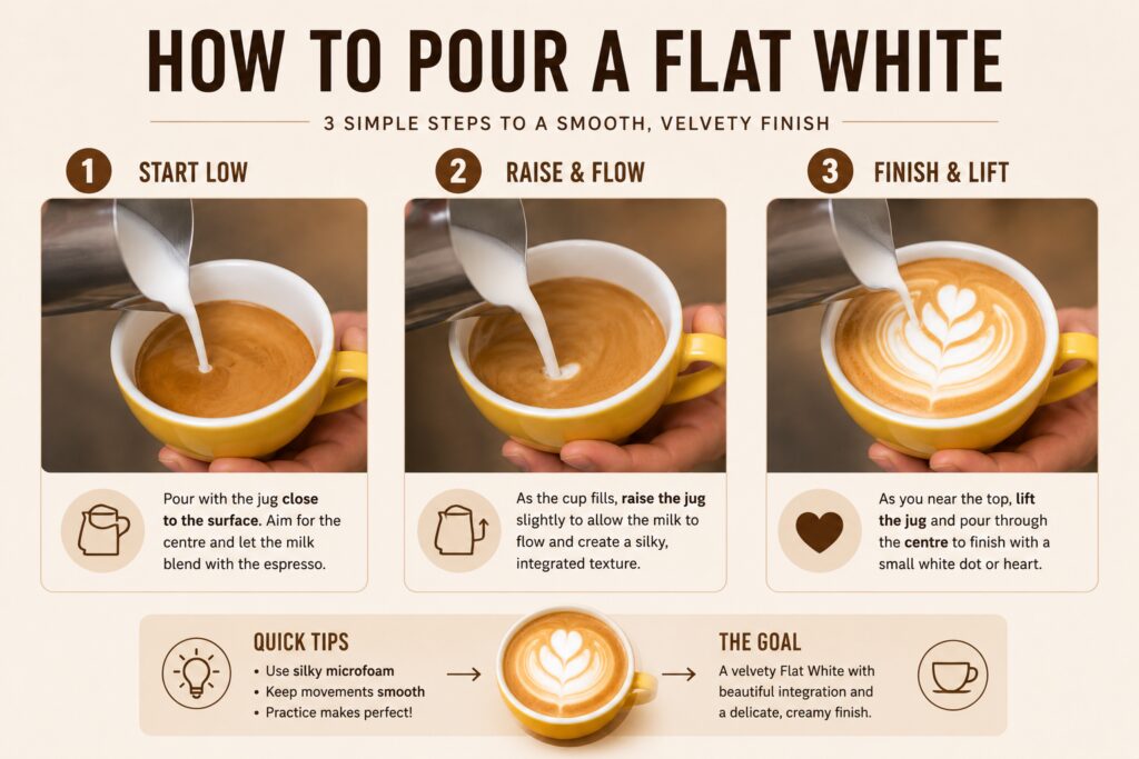 Infographic showing how to pour a flat white in three simple steps. Three side-by-side images demonstrate milk being poured from a stainless steel pitcher into a yellow ceramic cup of espresso. The first panel shows the milk being poured into the centre of the cup, the second shows the pour continuing as the cup fills, and the third shows the finishing stage where silky microfoam creates a heart-shaped latte art pattern. The graphic includes brief pouring tips and highlights the goal of achieving a smooth, velvety flat white with well-integrated microfoam.