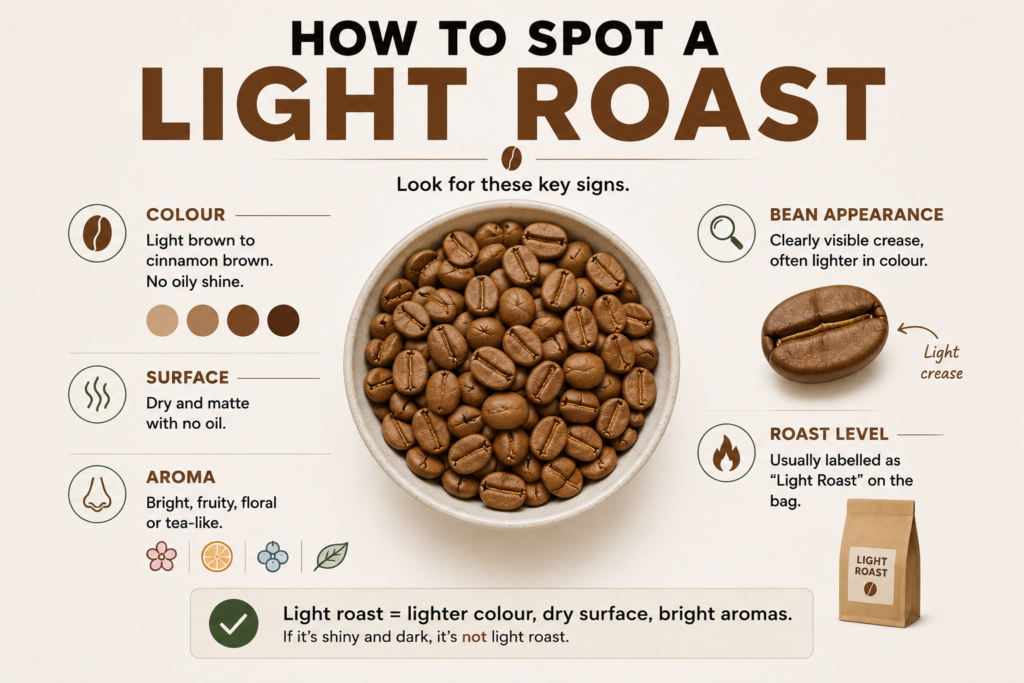 Educational infographic showing how to identify a light roast coffee by its appearance and aroma. A bowl of light roast Arabica coffee beans sits at the centre, surrounded by visual indicators including a light brown colour, dry matte surface with no visible oils, bright fruity and floral aromas, and a clearly defined centre crease. A close-up bean highlights the lighter colour and dry finish, while a coffee bag labelled "Light Roast" illustrates typical packaging. The infographic explains that light roast coffee is recognised by its light colour, dry surface, and vibrant origin flavours, making it easy to distinguish from darker, oilier roasts.