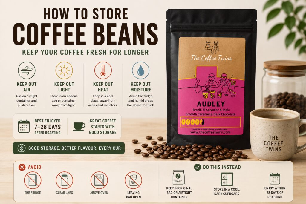 Featured infographic explaining how to store coffee beans properly to keep them fresh for longer. The image shows a Coffee Twins Audley coffee bag alongside key storage guidelines, highlighting the four enemies of coffee freshness: air, light, heat, and moisture. Clear visual icons demonstrate best practices such as storing beans in their original airtight bag, keeping them in a cool dark cupboard, and consuming them within 7–28 days of roasting for peak flavour. The infographic also warns against common storage mistakes including refrigeration, clear glass jars, storing beans above an oven, and leaving coffee bags open. Bright, clean design with coffee beans, a storage jar, and a coffee mug reinforces practical home coffee storage advice.