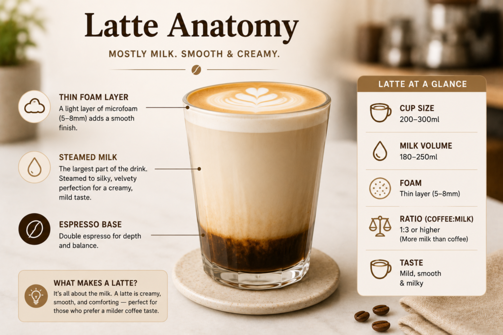 Educational infographic titled “Latte Anatomy” showing a large latte in a clear glass with labelled layers. The drink is broken down into three components: a thin layer of microfoam on top, a large section of steamed milk in the middle, and a double espresso base at the bottom. A side panel highlights key latte characteristics including cup size (200–300ml), high milk volume, thin foam layer, coffee-to-milk ratio, and a smooth, creamy flavour profile. The design uses warm café-inspired colours and a clean visual layout to explain how a latte is constructed.