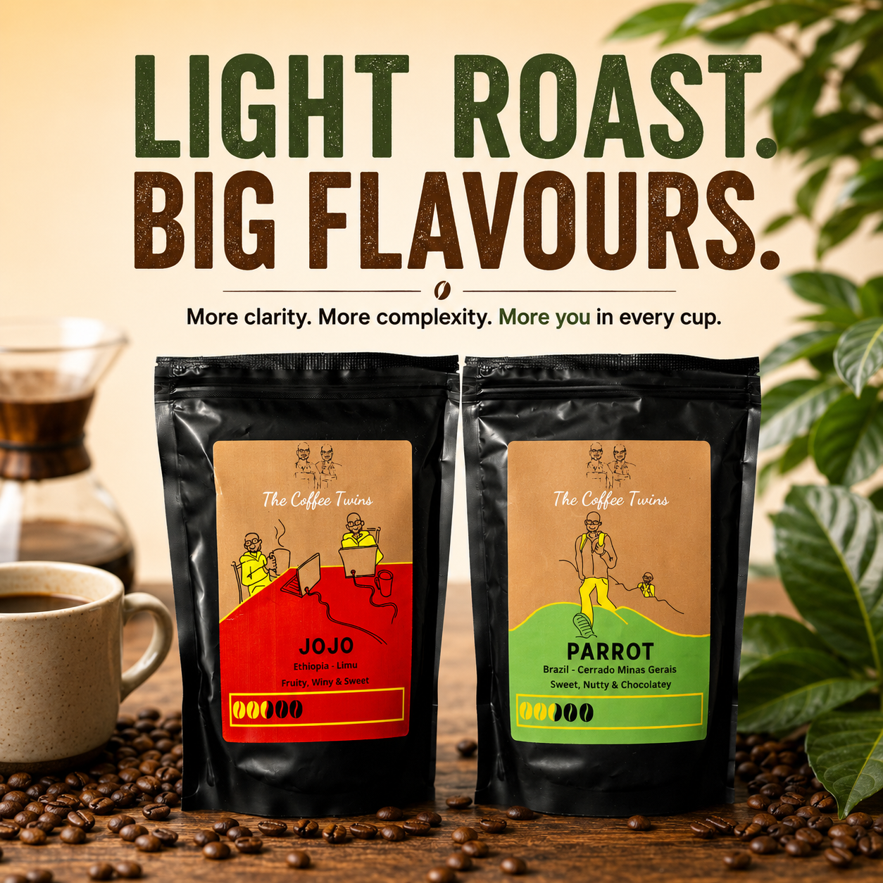 hero image featuring Coffee Twins' Jojo and Parrot light roast coffee bags displayed side by side on a wooden table surrounded by scattered coffee beans. A soft, pastel speciality coffee backdrop with leafy plants, a V60 brewer, and a freshly brewed cup of filter coffee creates a bright, inviting atmosphere. Large headline text reads "Light Roast. Big Flavours." with the tagline "More clarity. More complexity. More you in every cup." The image highlights the vibrant, flavour-forward character of light roast coffee while showcasing the Jojo Ethiopian Limu and Parrot Brazilian Cerrado Minas Gerais single-origin coffees in a clean, modern speciality coffee setting.