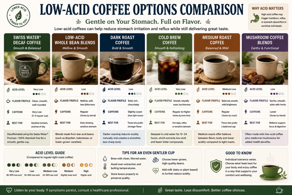 Infographic comparing low-acid coffee options for people seeking a gentler coffee experience. The graphic evaluates different coffee styles, including Swiss Water decaf, dark roast coffee, cold brew, medium roast coffee, and low-acid speciality blends, highlighting their acidity levels, flavour profiles, caffeine content, and ideal use cases. It explains how lower-acid coffees may help reduce stomach discomfort and reflux while still delivering rich flavour, and includes practical tips for choosing smoother, more stomach-friendly coffee options.