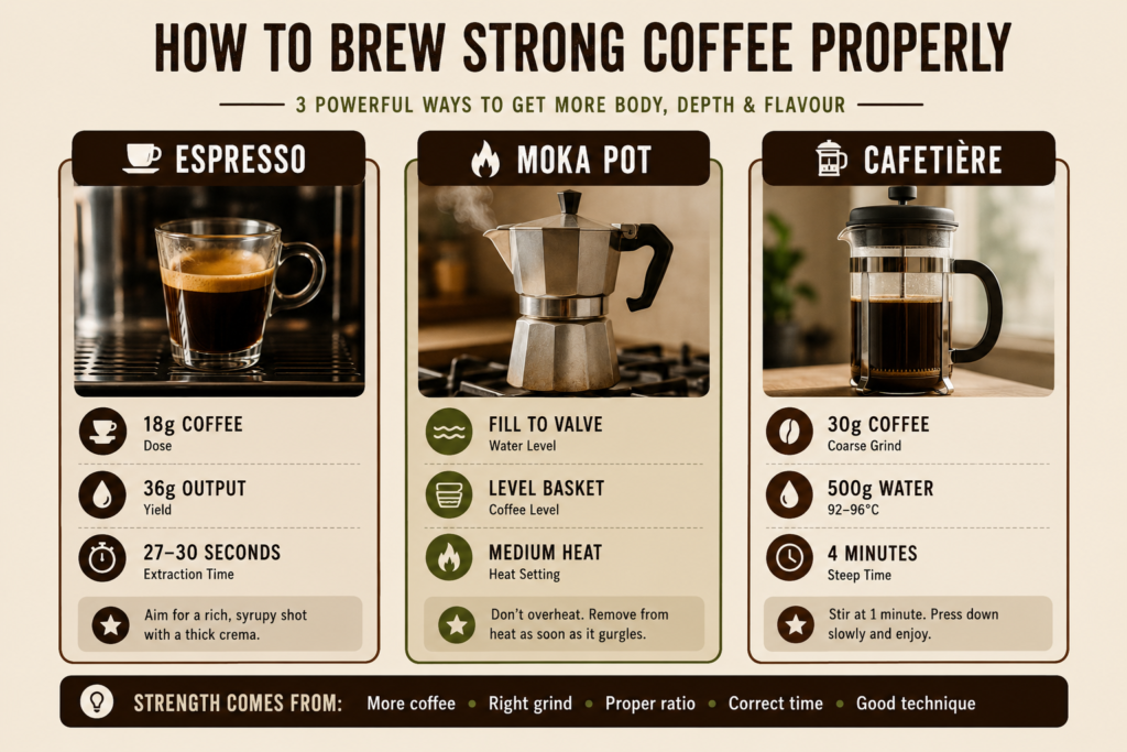 Guide to brewing strong coffee using espresso, moka pot, and cafetière methods. The infographic shows recommended coffee doses, water ratios, brew times, and extraction techniques for achieving maximum body, depth, and flavour.