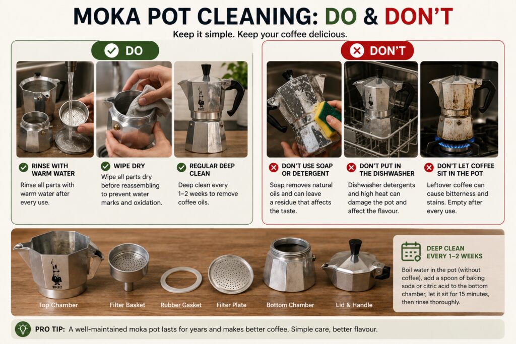 Educational infographic showing the correct and incorrect ways to clean a moka pot. The left side highlights recommended practices, including rinsing moka pot components with warm water, drying them thoroughly, and performing occasional deep cleans to remove coffee oils. The right side shows common mistakes, such as washing with soap or detergent, putting the moka pot in a dishwasher, and leaving old coffee sitting inside the brewer. Along the bottom, the moka pot is disassembled into its individual parts, including the top chamber, filter basket, gasket, filter plate, bottom chamber, and lid assembly. The image demonstrates how simple cleaning habits help preserve flavour, prevent damage, and extend the life of a moka pot.