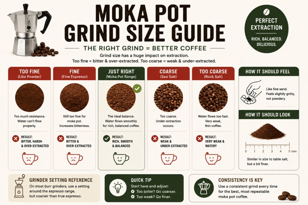 Moka pot grind size guide infographic showing the ideal coffee grind for stovetop espresso makers. Educational visual comparing too fine, fine, ideal moka pot grind, coarse, and too coarse coffee grounds, with explanations of how grind size affects extraction, flavour, bitterness, and strength. Includes troubleshooting tips, grinder setting recommendations, and examples of the correct texture for rich, smooth, balanced moka pot coffee. Ideal for UK coffee drinkers learning the best grind size for moka pot brewing.