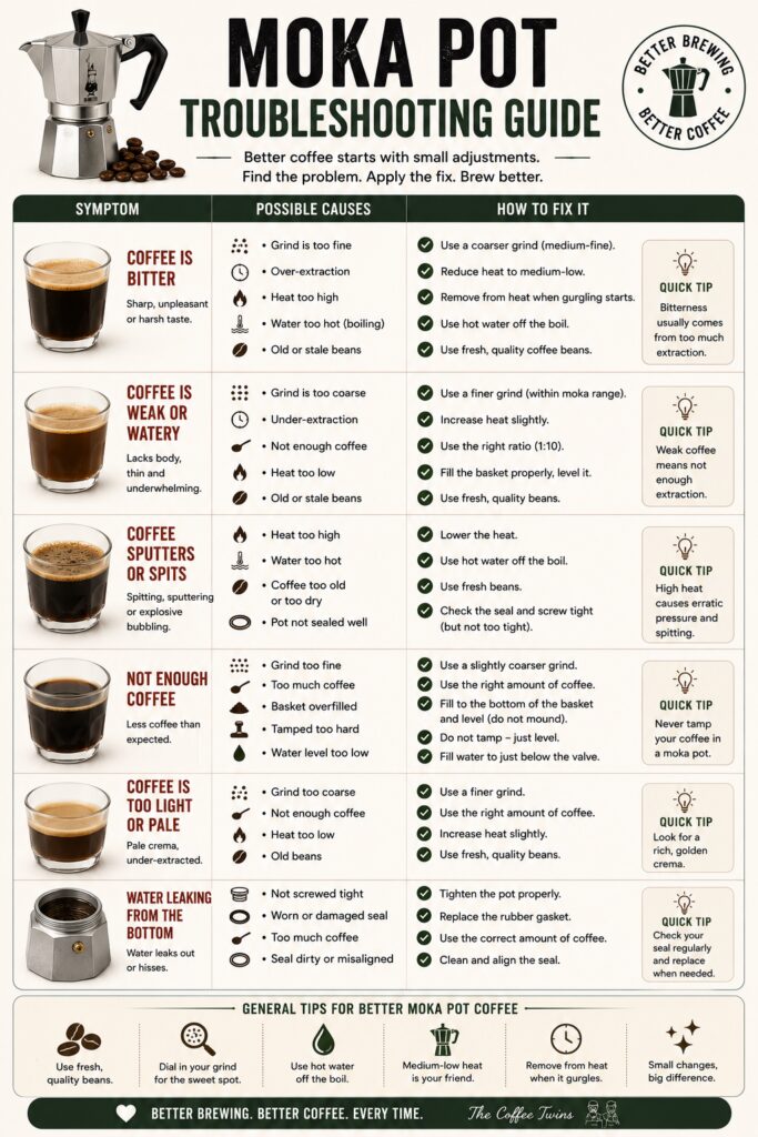 Moka pot troubleshooting guide infographic helping coffee drinkers diagnose and fix common stovetop espresso maker problems. Educational visual covering bitter coffee, weak coffee, sputtering coffee, low yield, pale coffee, and water leaks, with explanations of likely causes and practical solutions. Includes tips on grind size, brewing temperature, coffee dosage, extraction, and moka pot maintenance to improve coffee quality and consistency. Ideal for UK coffee enthusiasts looking to brew better moka pot coffee at home.
