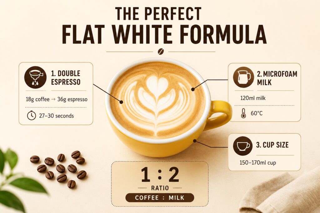 Infographic showing the perfect flat white recipe. A yellow ceramic cup filled with a flat white and heart-shaped latte art sits in the centre, with callouts highlighting the key elements: a double espresso made from 18g of coffee yielding 36g of espresso in 27–30 seconds, 120ml of microfoam milk steamed to 60°C, and a 150–170ml cup size. At the bottom, a large 1:2 coffee-to-milk ratio is displayed. The design uses warm beige and coffee-coloured tones for a clean, easy-to-follow visual guide.