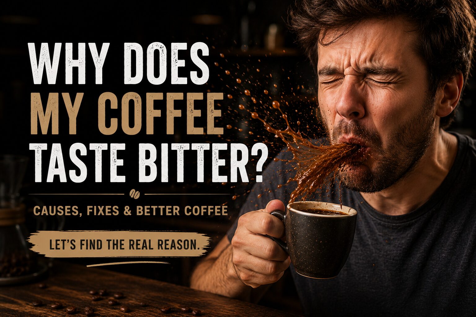 Featured image showing a person taking a sip of coffee and immediately spitting it out in surprise due to an unpleasant bitter taste. The dramatic scene captures coffee splashing from the person's mouth while they hold a coffee mug, with an expression of shock and disappointment. The image visually represents the frustration of brewing bitter coffee and creates curiosity about the common causes of bitterness and how to fix them for a smoother, better-tasting cup.