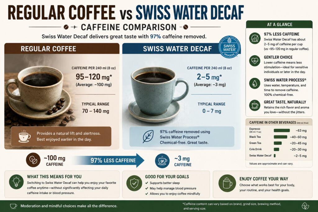 Infographic comparing the caffeine content of regular coffee and Swiss Water decaf. The graphic shows that a typical cup of regular coffee contains approximately 95–120mg of caffeine, while Swiss Water decaf contains only 2–5mg per cup. It highlights the benefits of Swiss Water decaffeination, including chemical-free processing, significantly reduced caffeine, and the ability to enjoy full coffee flavour with minimal stimulant effects. The infographic also explains how switching some daily cups to decaf can help reduce overall caffeine intake while maintaining the coffee-drinking ritual.